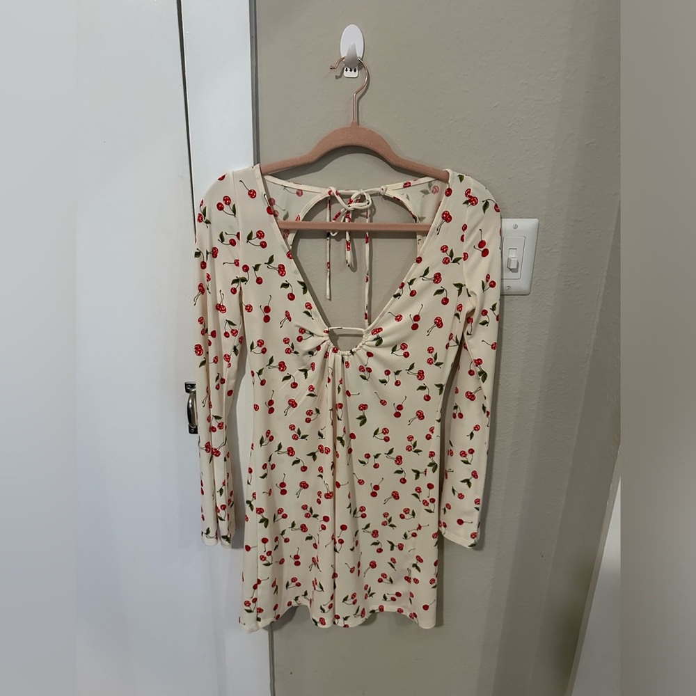 Urban Outfitters White Long Sleeve Cherry Dress